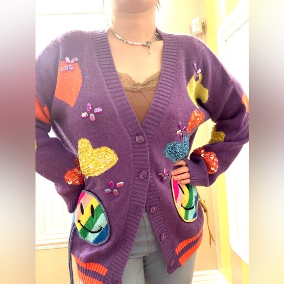 Smiley face cardigan 2 colors are available —— purple color - Picture 7 of 7